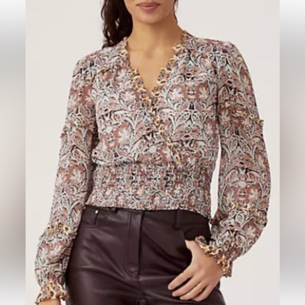 Anthropologie Paisley Print Faux Wrap‎ Smocked Top small boho workwear layered